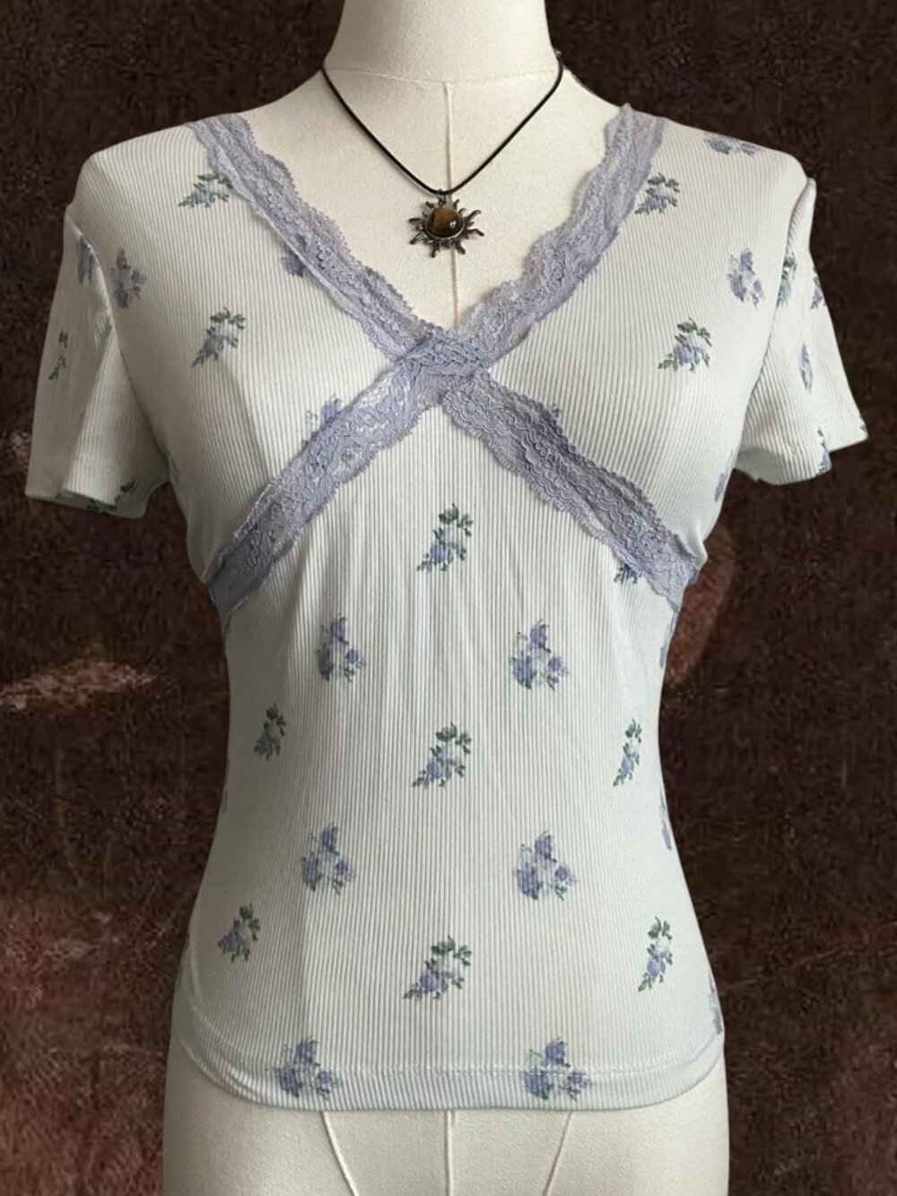 Y2K White & Lavender Lace Floral Babydoll Top Size Medium